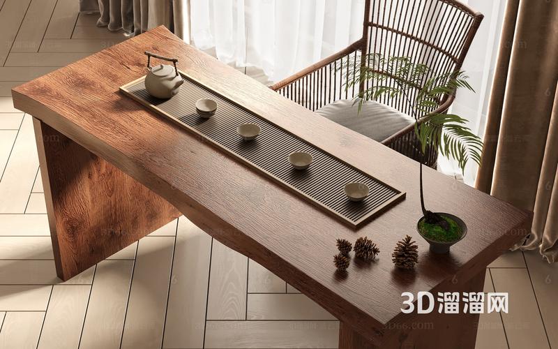侘寂 茶桌椅 茶具 木地板 窗帘 纱帘3d模型